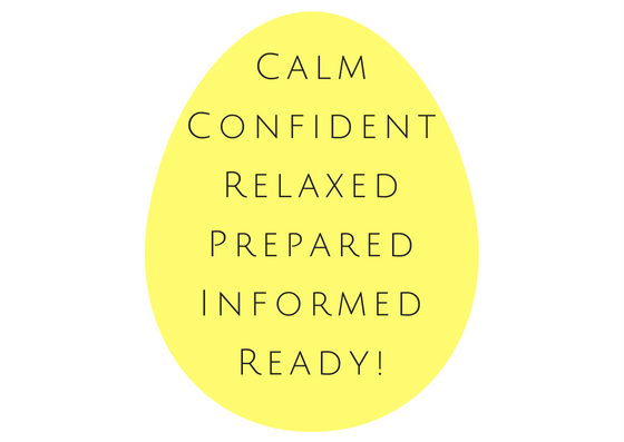 Graphic showing the words calm, confident, relaxed, prepared, informed and ready